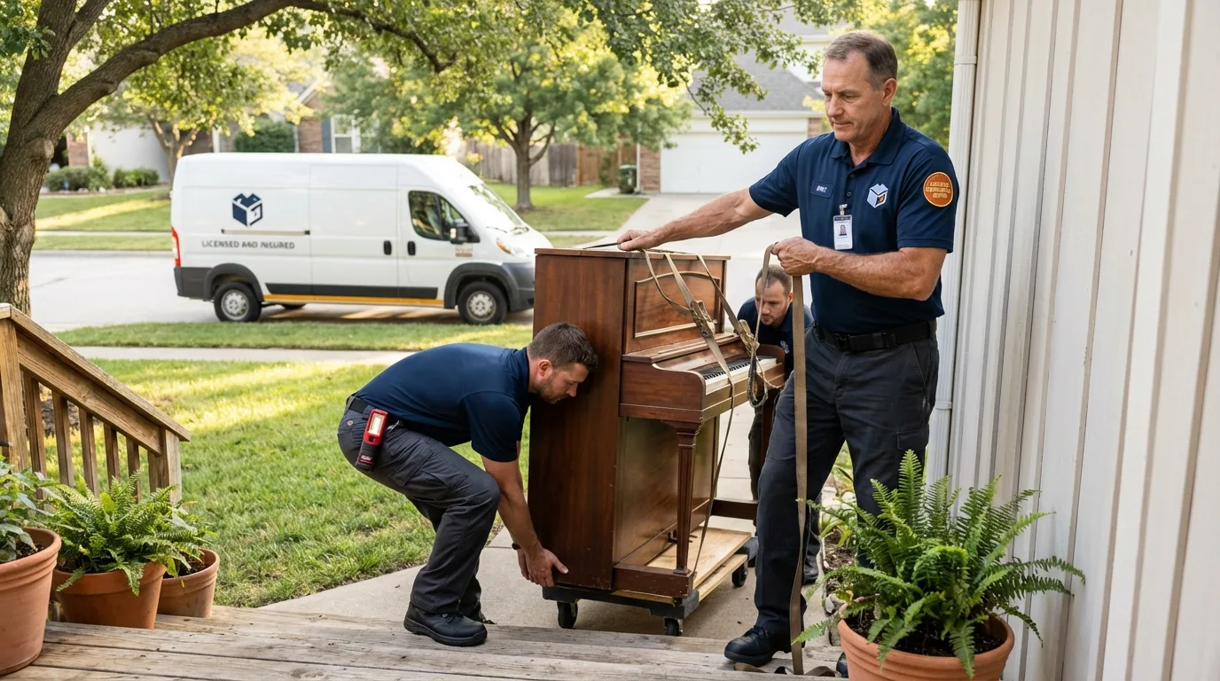 Licensed piano movers securing grand piano in Benld, IL