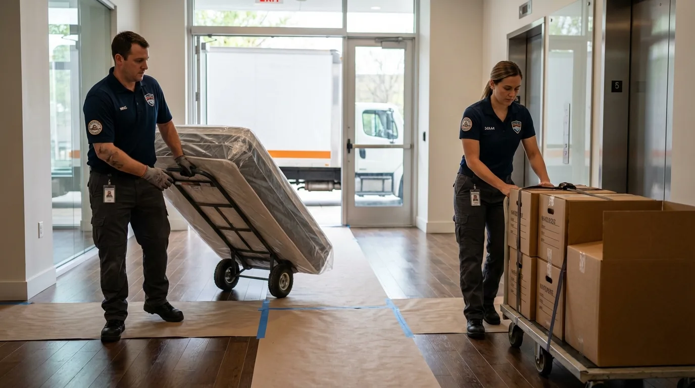 Professional apartment movers loading elevator in Benld, IL